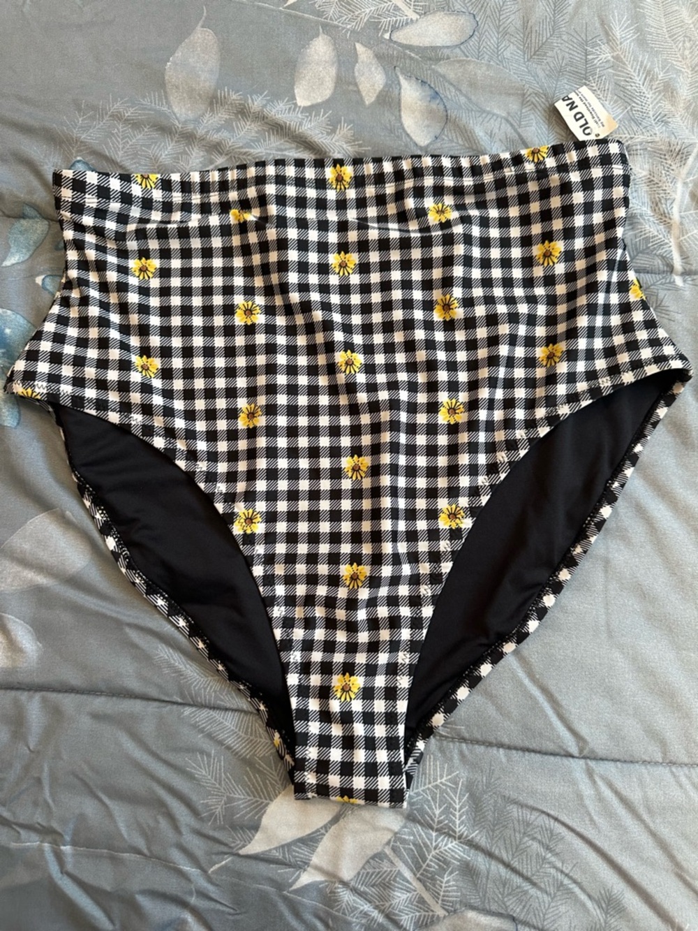 NWT Old Navy Black & White Gingham High-Waist Swim Bottoms w/Yellow Flowers XL